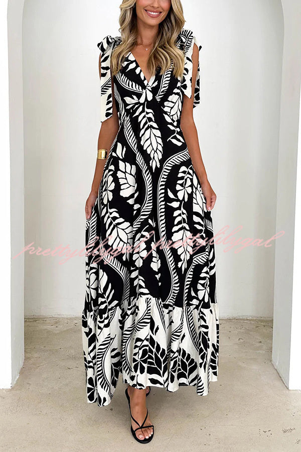 Unique Printed V-neck Sleeveless Lace-up Waist Maxi Dress