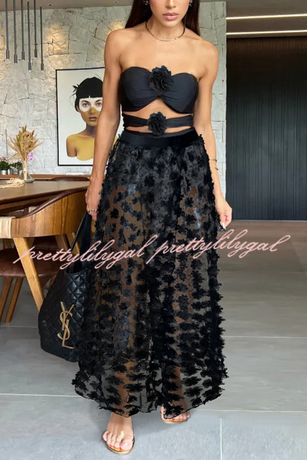 Solid Color Floral Mesh Holiday Maxi Skirt