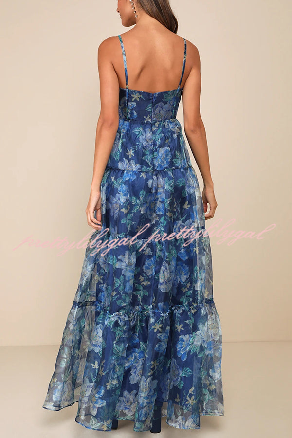 Exclusive Glamour Organza Floral Print Tiered Slip Maxi Dress