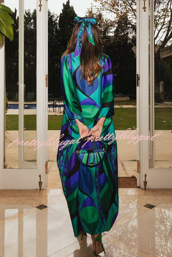 Holiday Choice Satin Unique Print Drape Wide Sleeve Loose Kaftan Maxi Dress