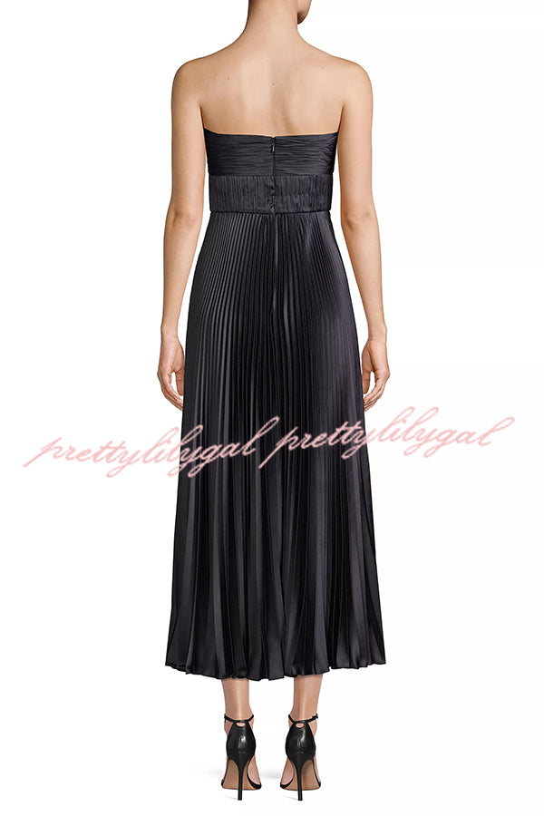 Love Note Satin Sweetheart Twist Off Shoulder Pleated Maxi Dress