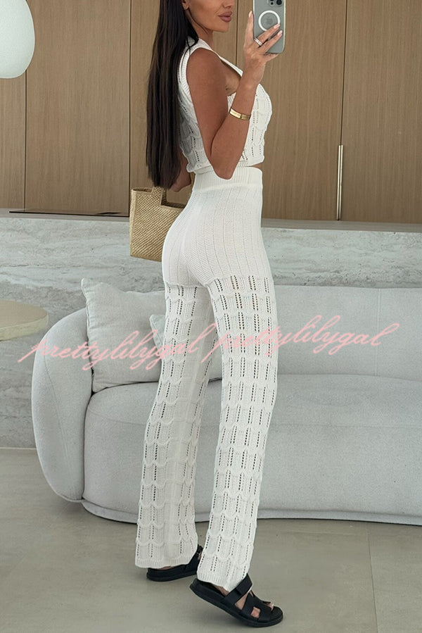 Solid Color Hollow Sleeveless Round Neck Knitted Vest and Stretch Casual Straight Pants Set
