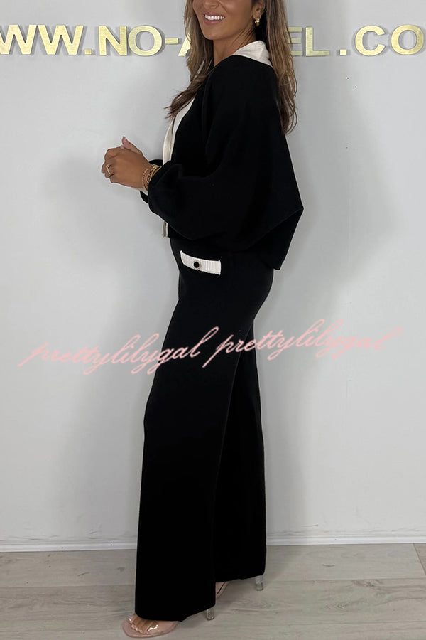 Fashion Contrast Color V-neck Loose Cardigan and Elastic Waist Casual Pants Set