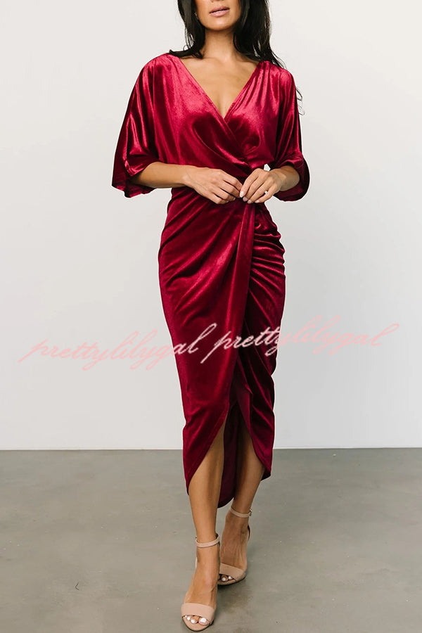 Brendy V Neck Half Sleeve Velvet Pleated Midi Dress