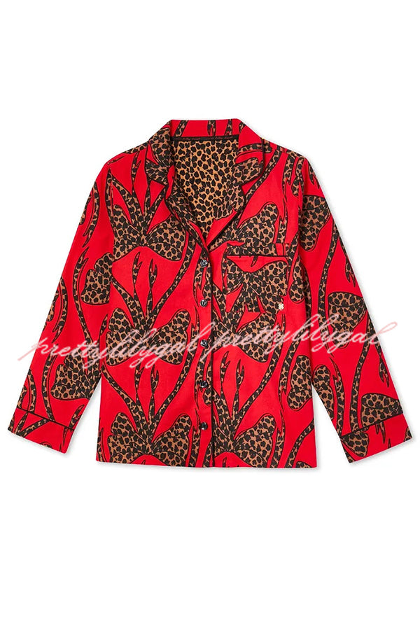 Stylish Colorblock Leopard Print Loose Shirt and Elastic Waist Pocketed Pajama Set