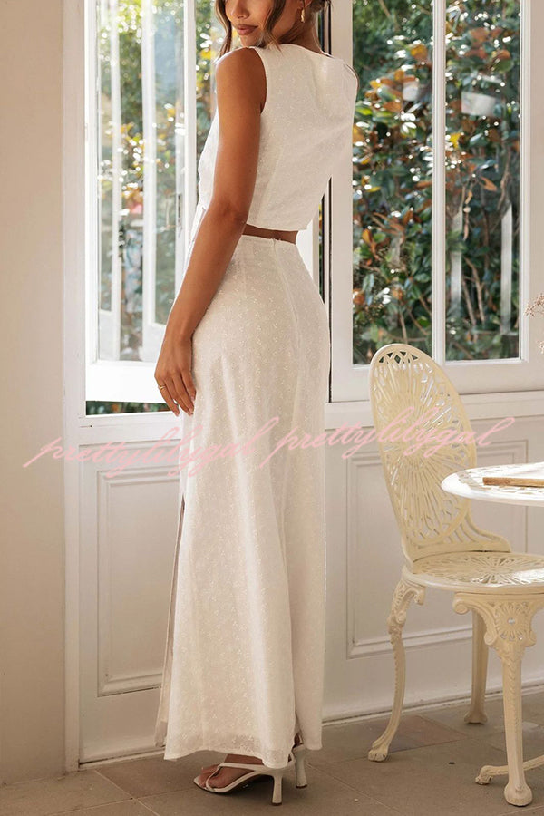 Solid Color Hollow Embroidery V-neck Lace-up Top and Slit Maxi Skirt Set