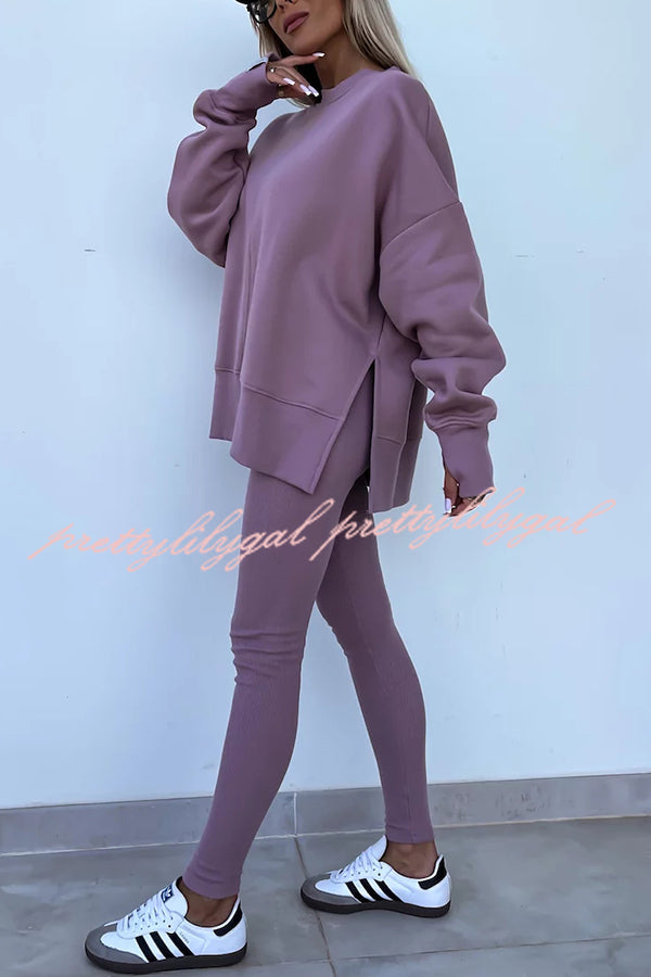 Solid Color Loose Long Sleeve SlitSweatshirt and Elastic Waist Tight Pants Set