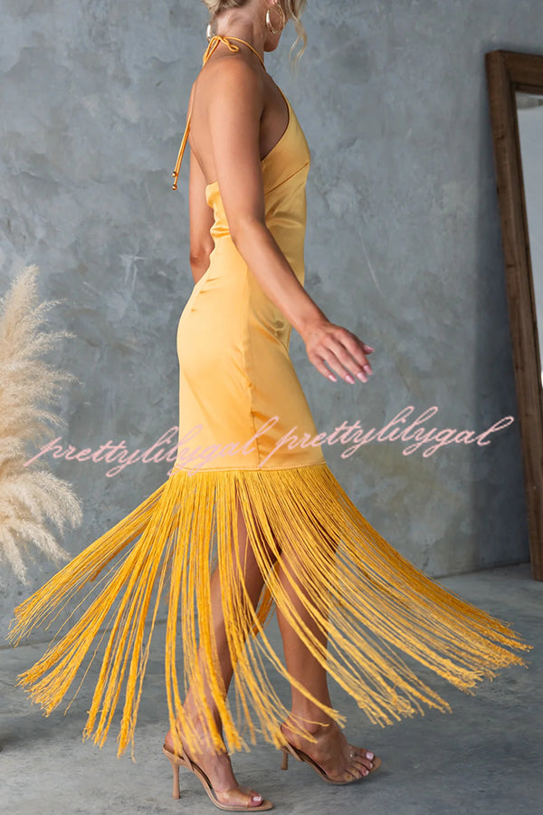Party Queen Satin Halterneck Backless Fringe Hem Maxi Dress
