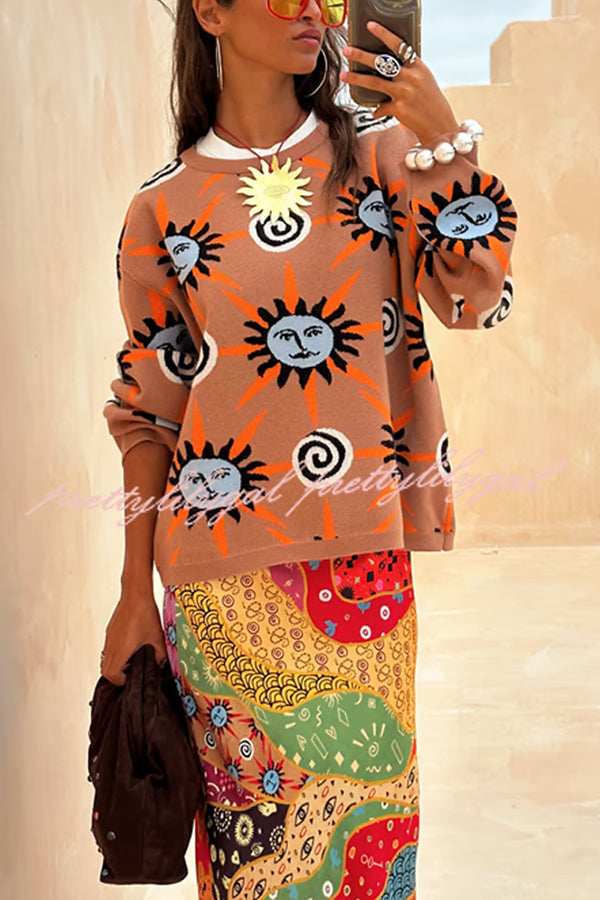 Mediterranean Art Knit Unique Sun Vortex Print Long Sleeve Relaxed Sweater