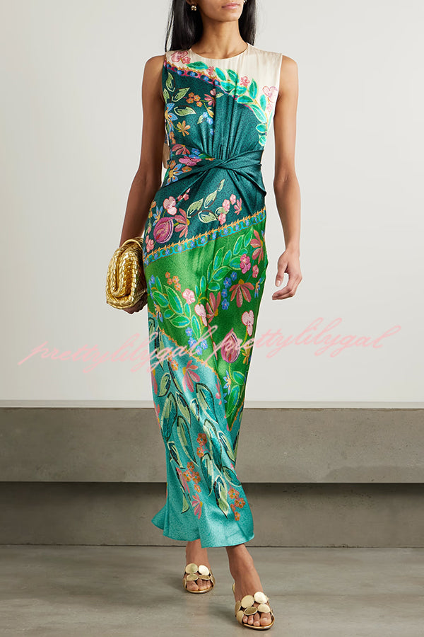 Gwen Satin Unique Print Round Neck Twisted Waist Maxi Dress
