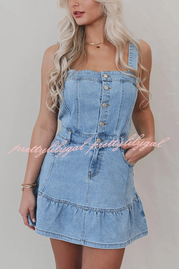 Solid Square Neck Suspender Button Pocket Denim Mini Dress