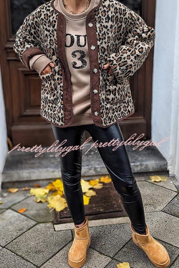 Warm Feel Colorblock Leopard Print Plush Button Up Pocketed Teddy Jacket