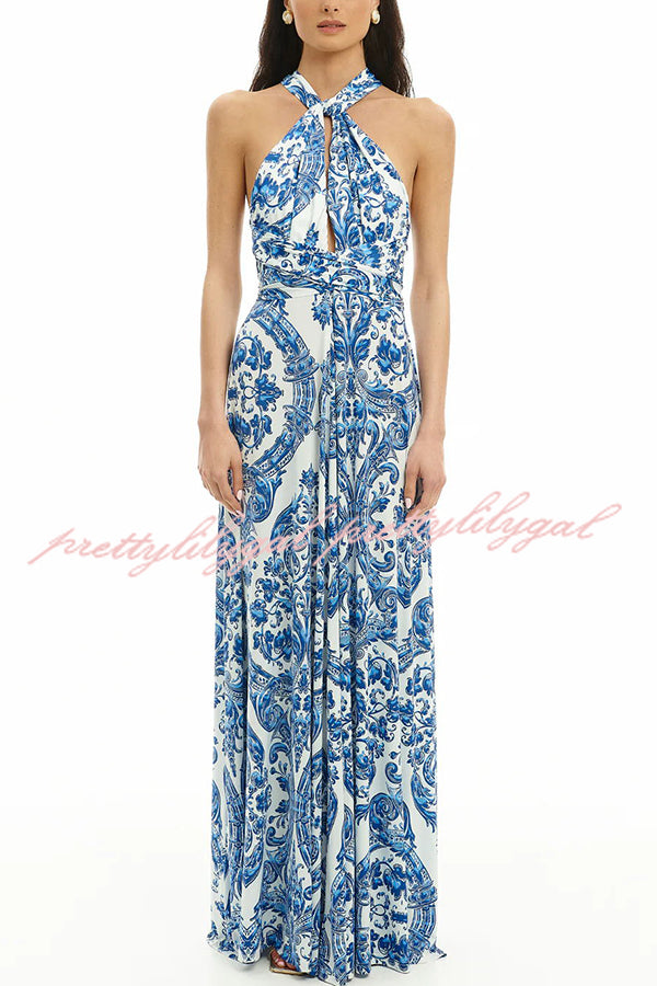 Greek Island Printed Cross Back Halter Flowy Maxi Dress