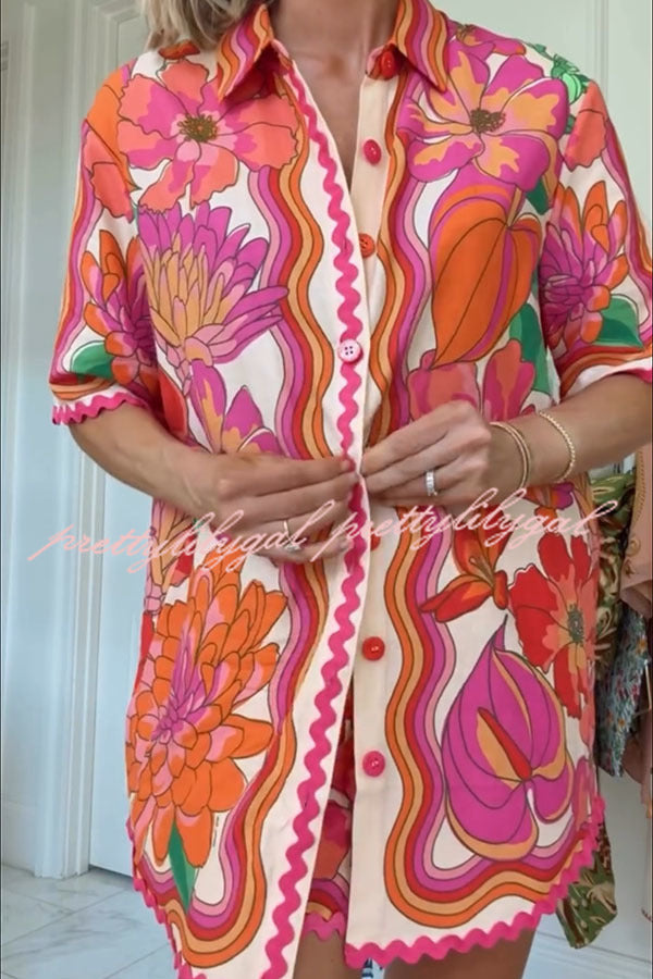 Neima Unique Print Wave Trim Button Up Short Sleeve Shirt and Elastic Waist Pocket Loose Shorts Set