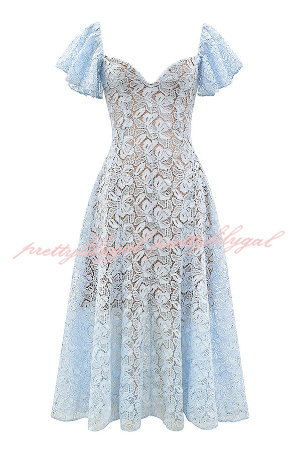 Romantic Atmosphere Bluebell Lace Butterfly Sleeve Sweetheart Neck Stretch Midi Dress