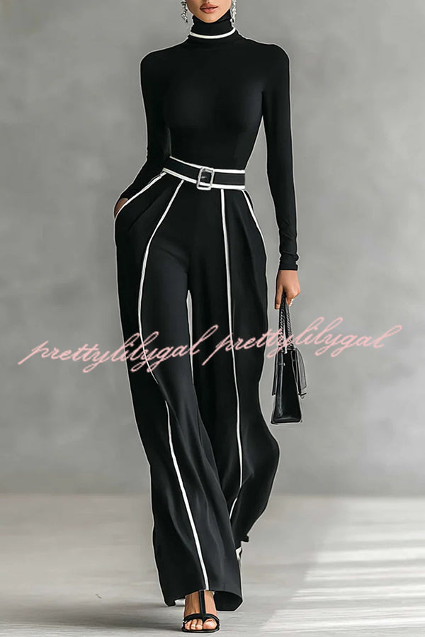 Fashionable Slim-fit Long-sleeved Turtleneck Top and Casual Pocket Pants Set