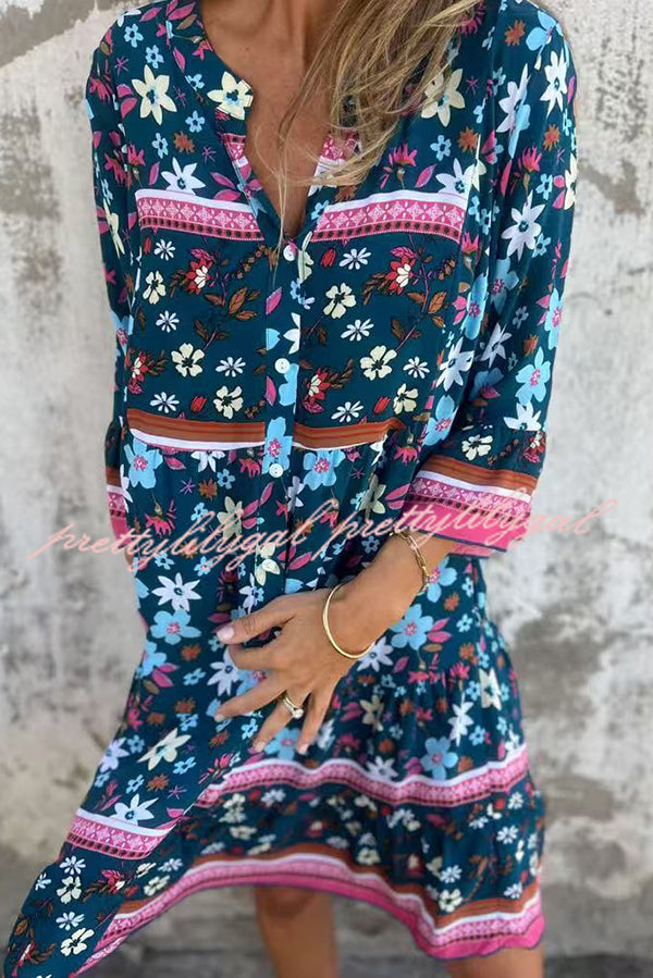 Ethnic Floral Print V-neck Loose Pocket Mini Dress