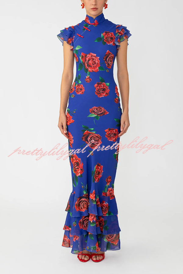 Cheongsam Style Rose Print Layered Trumpet Sleeves Stand Collar Maxi Dress