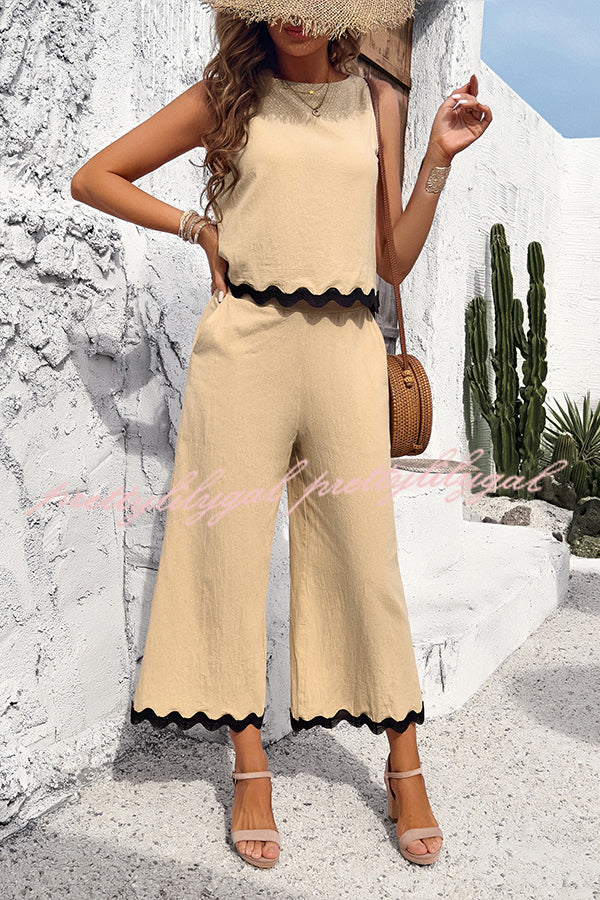 Wave Trimmed Round Neck Buttoned Elastic Waist Pants Suit