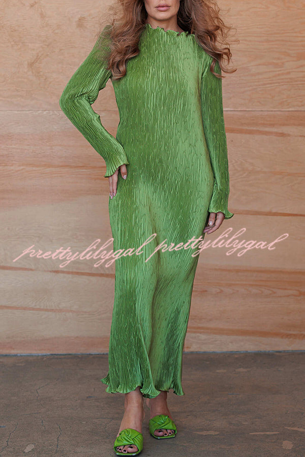 Hansin Satin Pleated Fabric Long Sleeve Wavy Trim H-line Slit Midi Dress