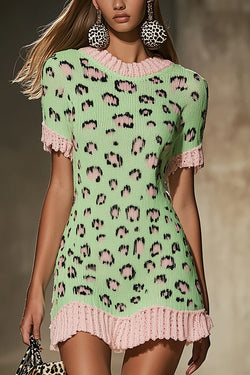 Leopard Print Contrast Color Knit Short Sleeve Ruffled Mini Sweater Dress