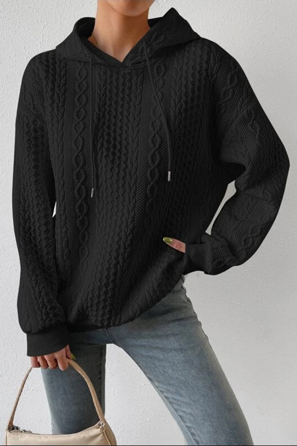 Solid Colo Texture Pattern Long Sleeve Loose Hoodie