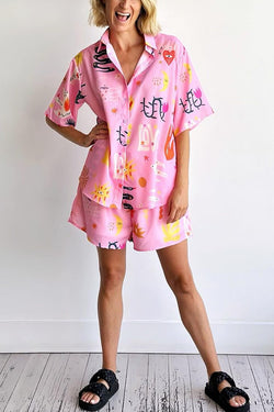 Sunday Mornings Unique Print Short Sleeve Top and Elastic Waist Loose Shorts Set