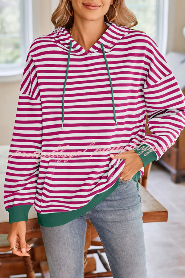 Striped Print Long Sleeve Pocket Loose Hoodie