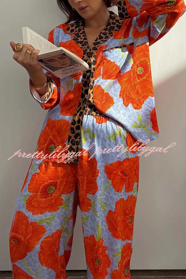 Color-block Poppy Leopard Print Trim Loose Shirt and Elastic Waist Pocketed Pajama Set