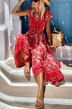 Summer in Greece Boho Print Ruffle Sleeve Elastic Waist High-low Midi Dress