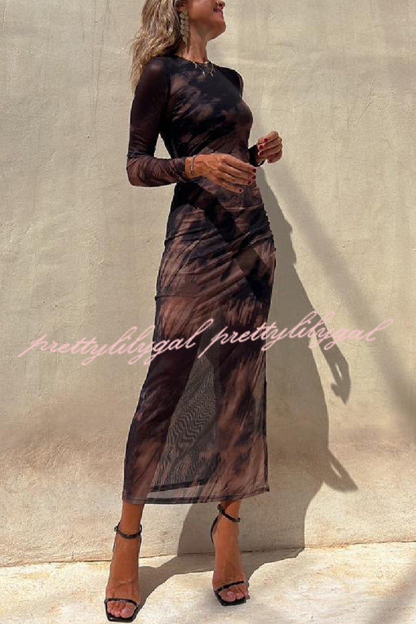 Charm Lady Mesh Overlay Tie Dye Print Long Sleeve Ruched Stretch Midi Dress