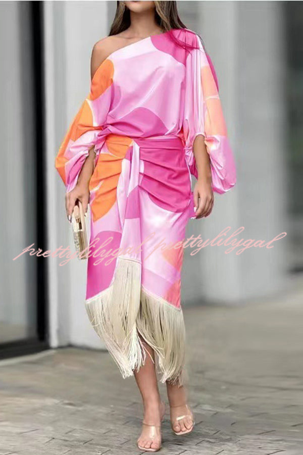 Unique Printed Balloon Sleeve Loose Top and Fringed Hem Skirt Set