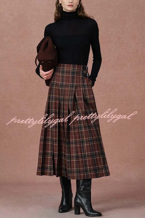 Yehudit Plaid Belt Buckle Design High Rise Pocket Midi Umbrella Skirt
