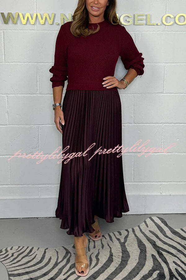 Audrey Ribbed Knit Long Sleeve Top Patchwork Satin Pleated Maxi Dress