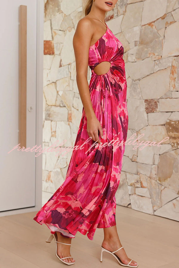 Laken Floral Print One Shoulder Adjustable Tie Cutout Pleated Maxi Dress