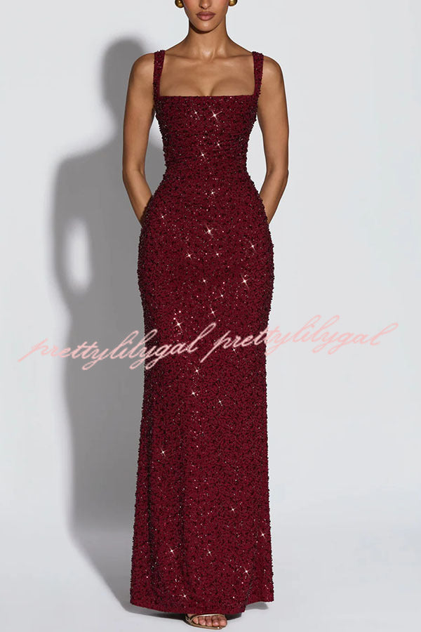 calanthe maxi dress Calanthe Sequin Embellished Chiffon Ruched Square Neck Back Lace-up Maxi Dress