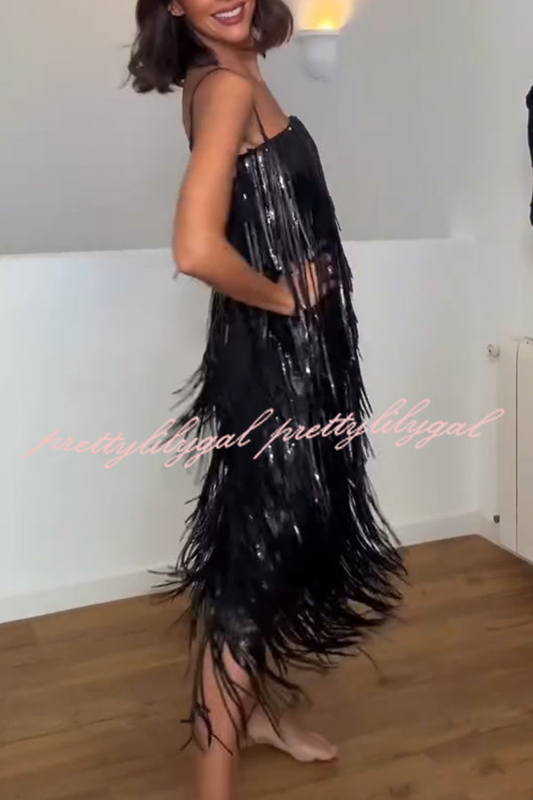 Chic Celebration Layered Sequined Tassels Slip Strapless H-line Midi Dress