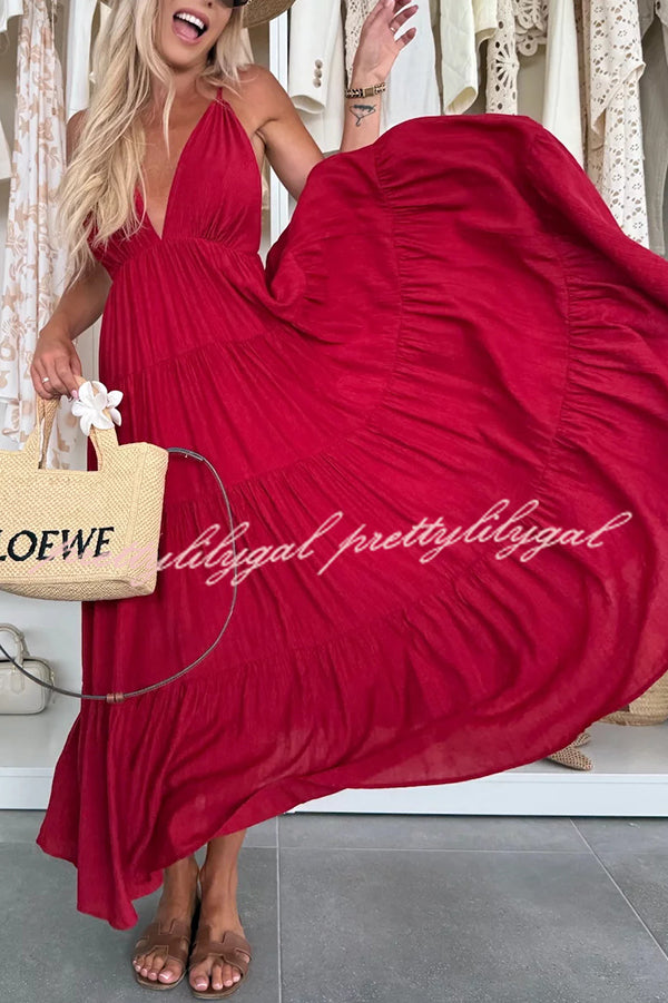 Bohemian Style V-neck Backless Slip Layered Vacation Maxi Dress