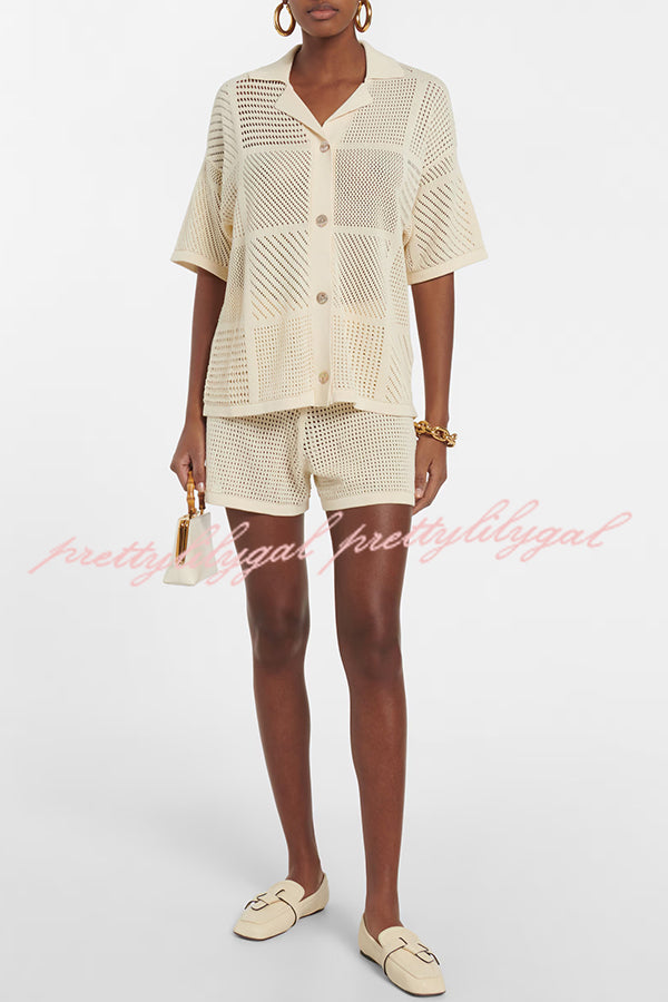 Casual Knitted Hollow Shirt Top and Elastic Waist Tie Loose Shorts Set