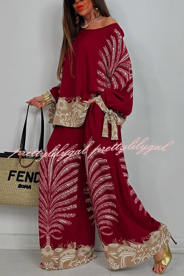 Unique Print Loose Drawstring Long Sleeve Top and Elastic Waist Casual Pocket Wide Leg Pants Set