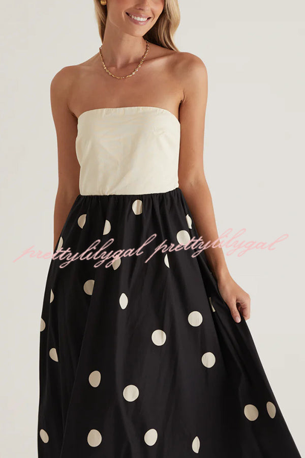 Fashion Polka Dot Print Tube Top Spliced Maxi Dress