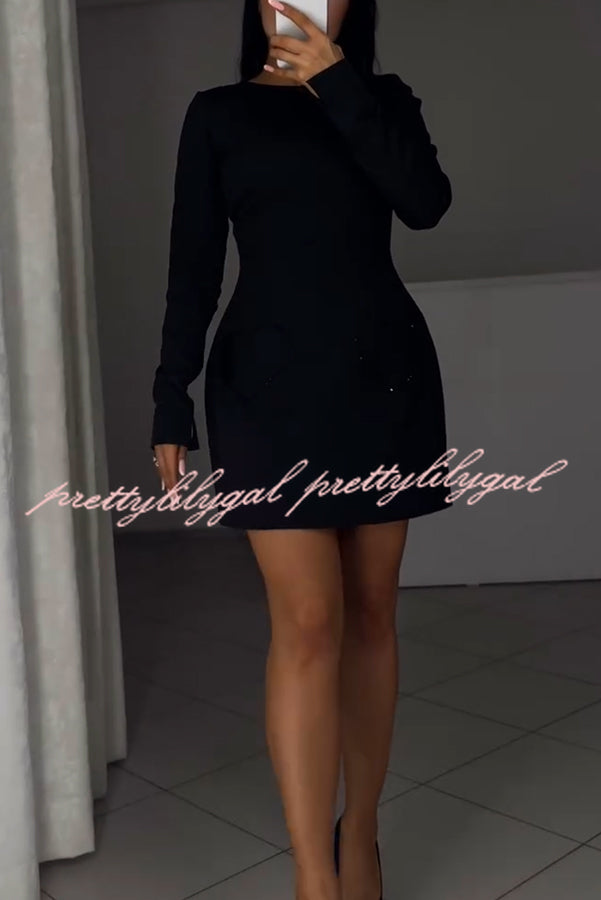 Anna Sparkling Gemstone Trim Heart Pocket Long Sleeve Mini Dress