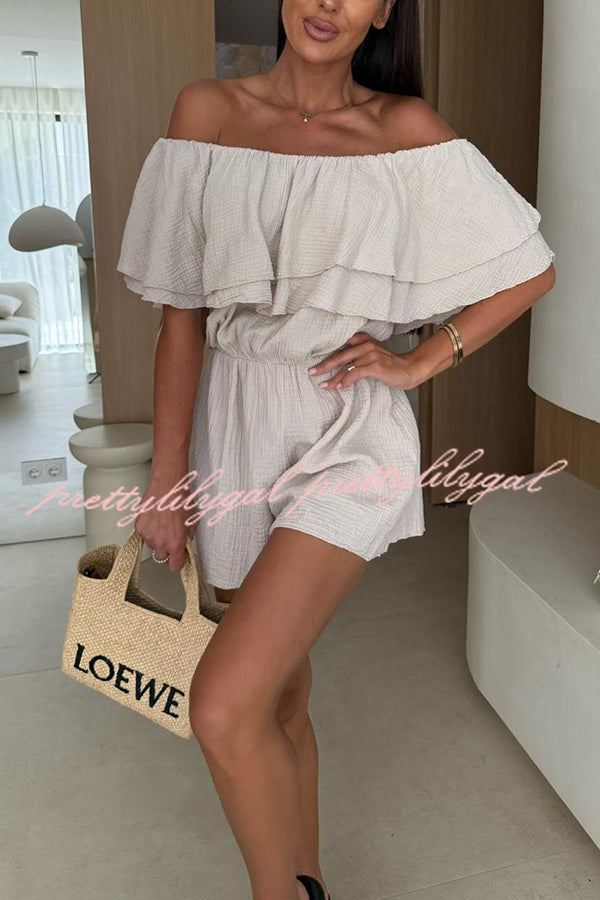 Solid Color Off-shoulder Ruffled Casual Waist Rompers