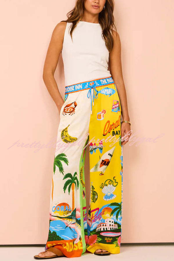 Kissed By The Sun Satin Unique Print Colorblock Elastic Waist Pocketed Wide Leg Pants