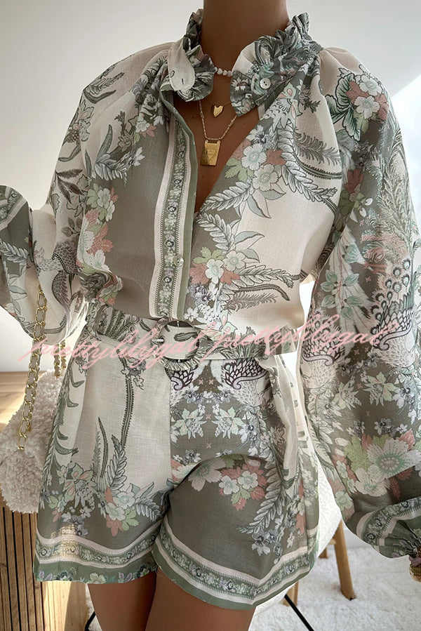 Botanical Print Palace Style Stand-up Collar Lantern Sleeve Loose Top and Casual Shorts Set