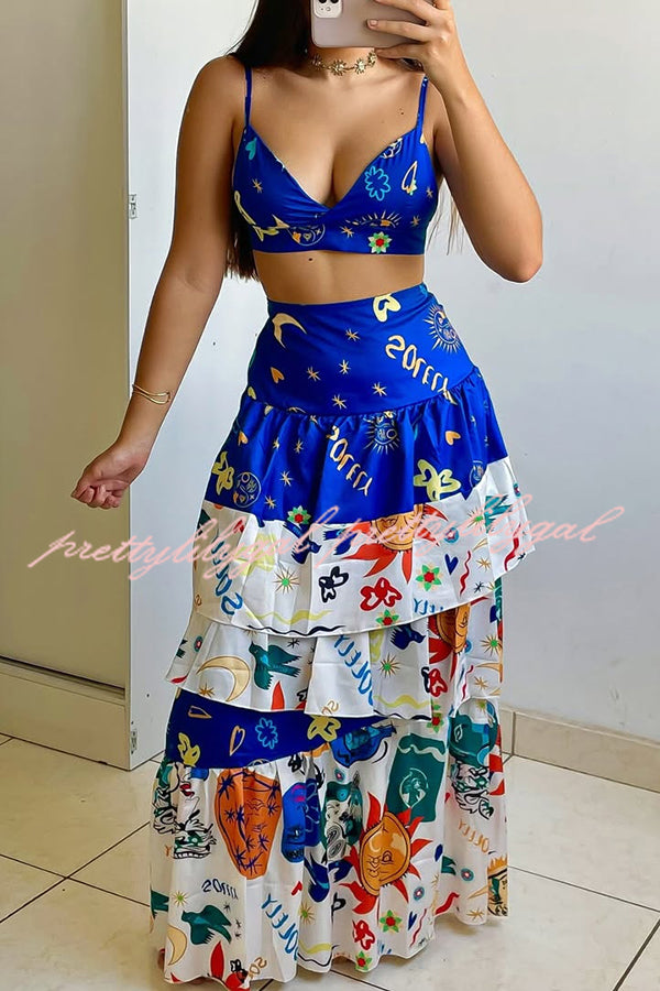 Unique Printed Suspenders Top and Loose Paneled Beach Maxi Skirt Set