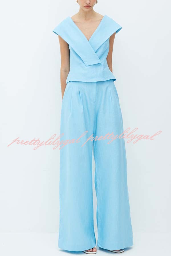 Velena Linen Blend Button Up Lapel Top and High Rise Pocket Wide Leg Pants Set