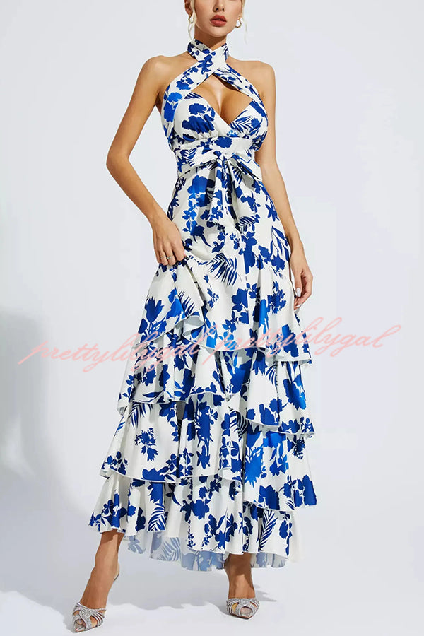 Gorgeous Styling Botanical Print Halter Neck Open Back Tiered Hem Maxi Dress