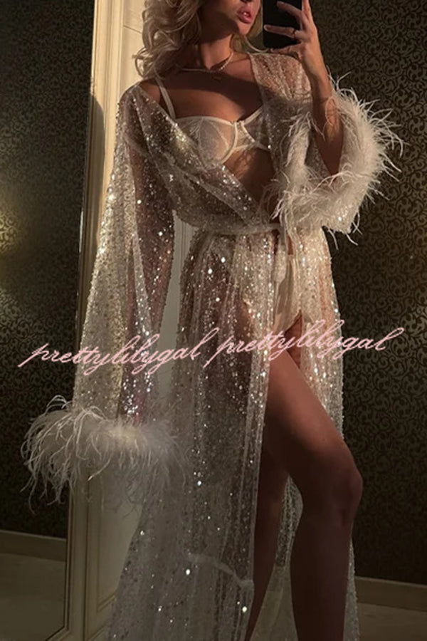 Fashionable Sequined Feather Long-sleeved Vacation Loose Extra-long Sun Protection Cover-up