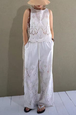 Linen Blend Solid Color Embroidered Hollow Loose Vest and Elastic Waist Casual Pocket Wide Leg Pants Set